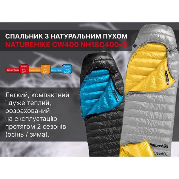 Спальник з натуральним пухом Naturehike CW400 NH18C400-D, p-р L, жовто-сірий 6976507666848 фото
