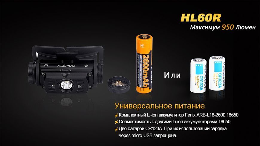 Ліхтар налобний Fenix HL60R DY Cree XM-L2 U2 Neutral White LED HL60RDY фото