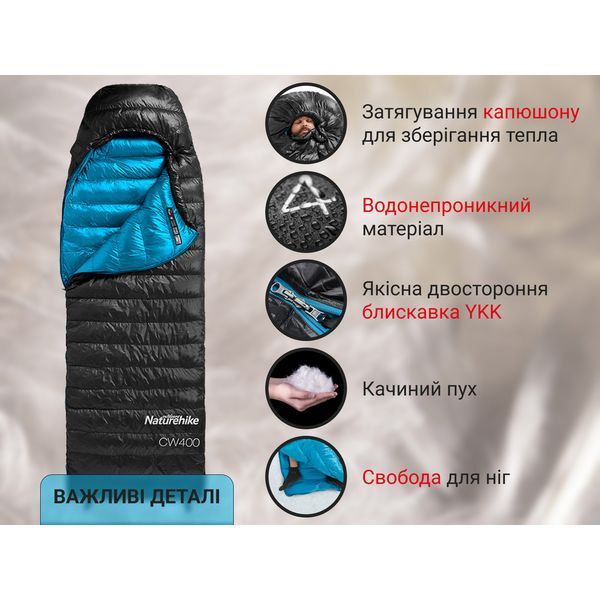 Спальник з натуральним пухом Naturehike CW400 NH18C400-D, p-р L, жовто-сірий 6927595794562 фото