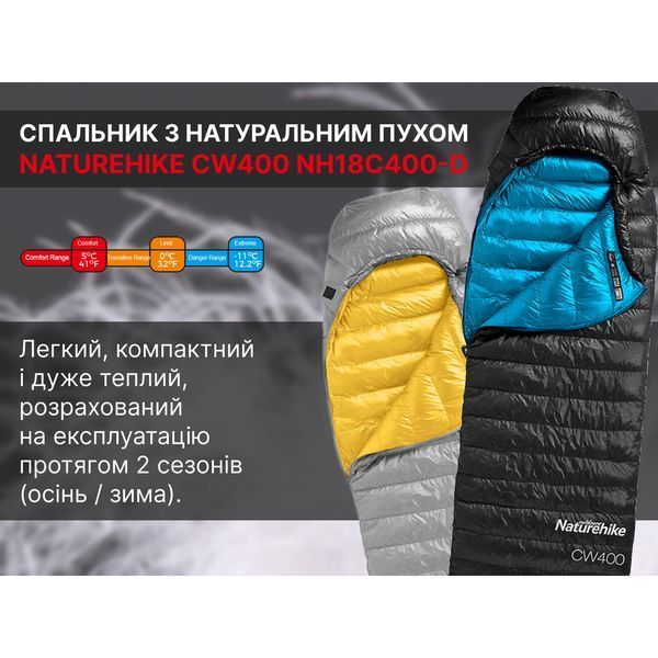Спальник з натуральним пухом Naturehike CW400 NH18C400-D, p-р L, жовто-сірий 6927595794562 фото
