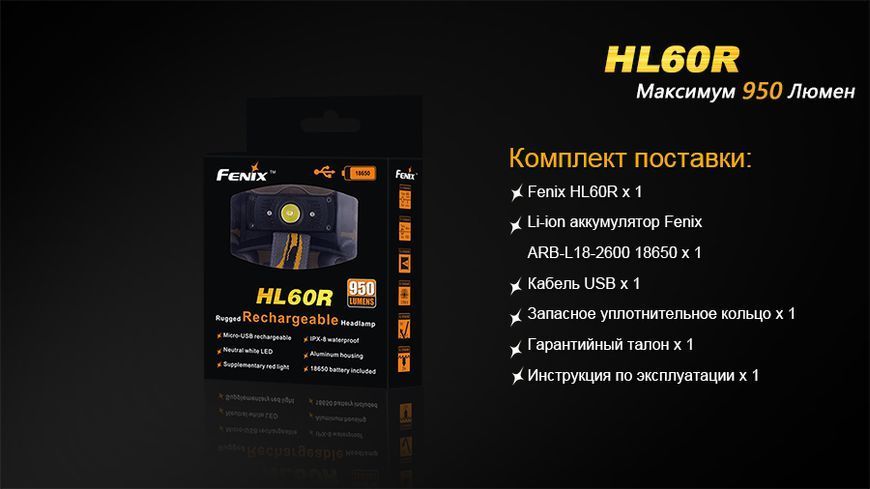 Ліхтар налобний Fenix HL60R Cree XM-L2 U2 Neutral White LED HL60RU2 фото