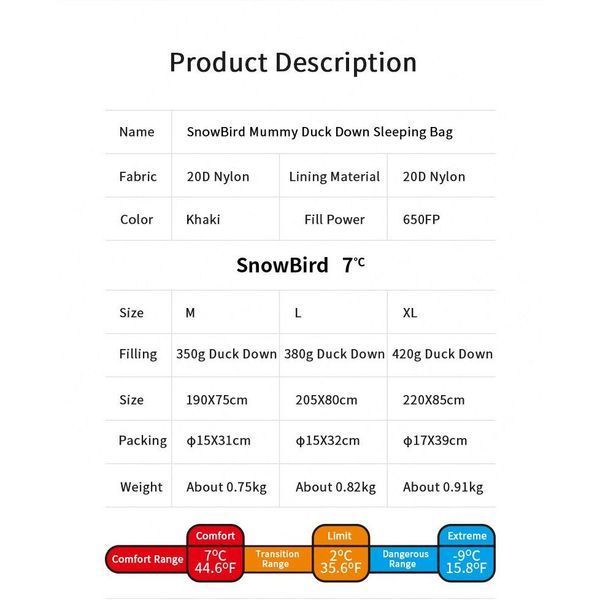 Спальник з натуральним пухом Naturehike Snowbird NH20YD001, p-р L, коричневий 380 г 6927595761281 фото
